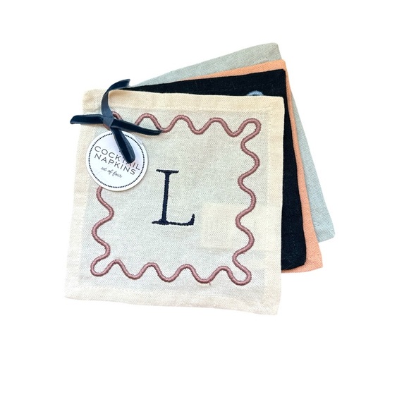 Anthropologie Monogram Cotton Cocktail Napkins Set of 4 Initial L Embroidered - Picture 2 of 8